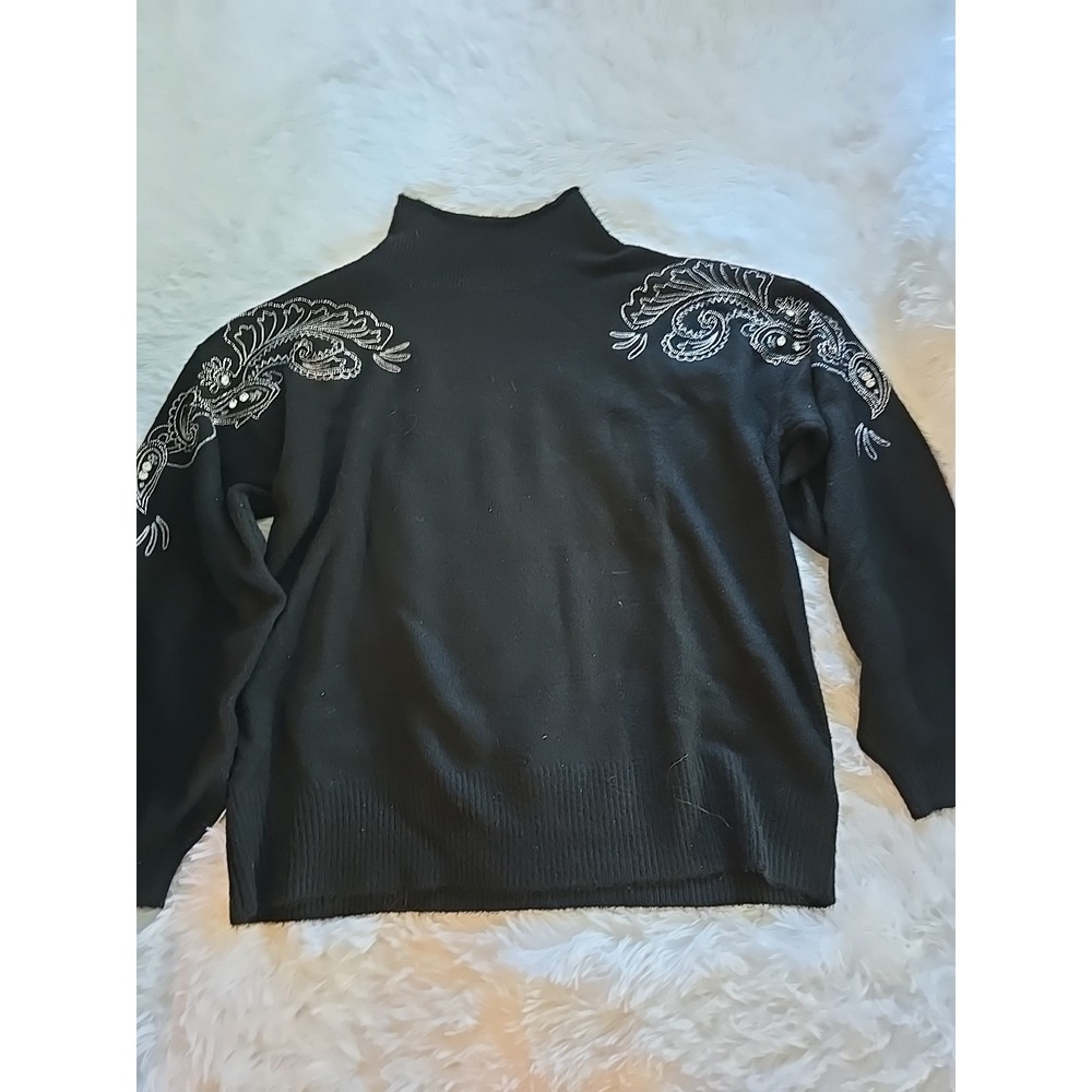 Democracy Womens M Black Flower Embroider‎ Sweater Embellished Silver Embroidery
